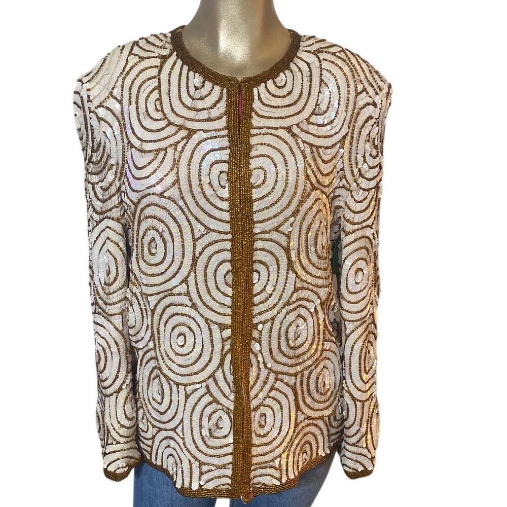 Vintage 80s Rina Z Silk Sequin Beaded Jacket Size L Art Deco Swirl